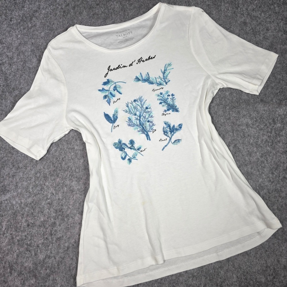 Talbots Herb Garden Tee Embroidered Sequin White Blue Cotton Shirt Large Petite